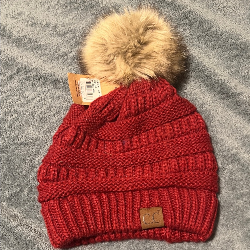 C.C Burgundy Knit Beanie with Faux Fur Pom